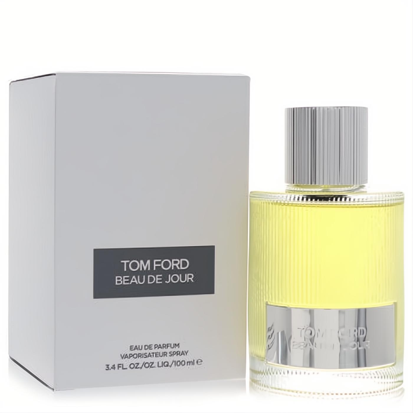 Tom Ford Beau De Jour 3.4 oz Eau De Parfum for men. Sleek ribbed glass bottle with yellow liquid, silver cap, and white box.