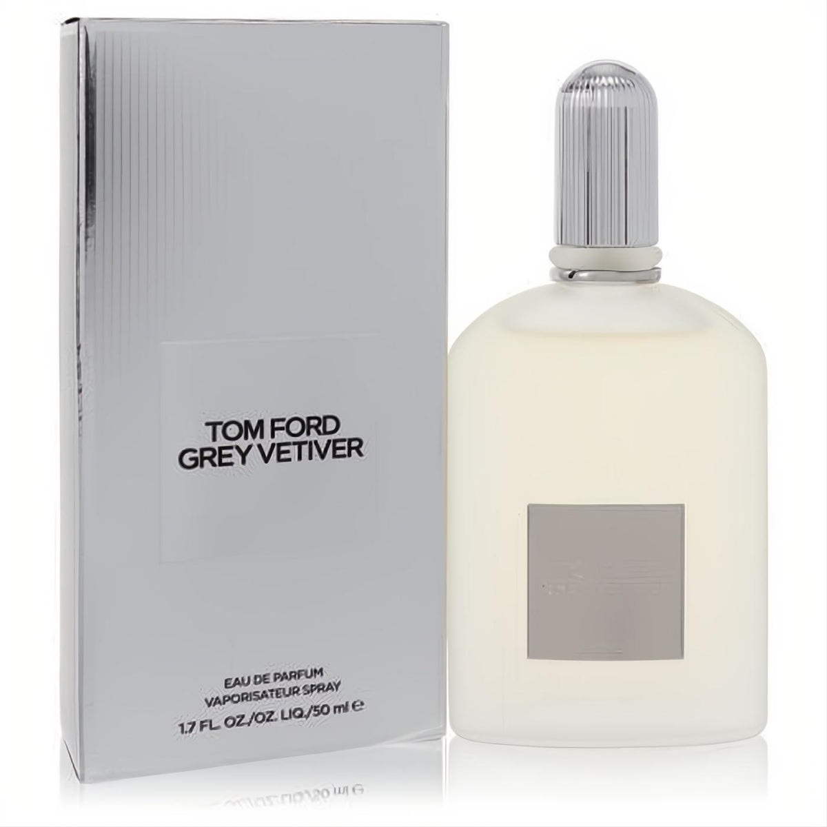 Iconic Tom Ford Grey Vetiver 1.7 oz Eau de Parfum spray. Sleek frosted bottle with silver cap next to its elegant grey box.