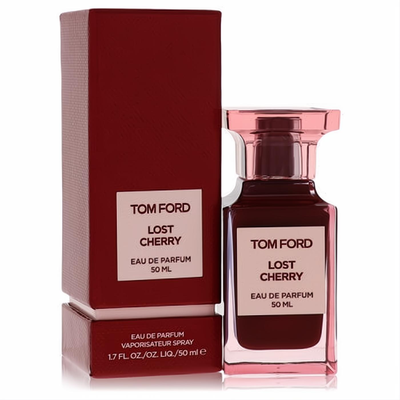 Elegant Tom Ford Lost Cherry 50ml Eau De Parfum spray in a rich burgundy glass bottle with a clear cap and matching box.