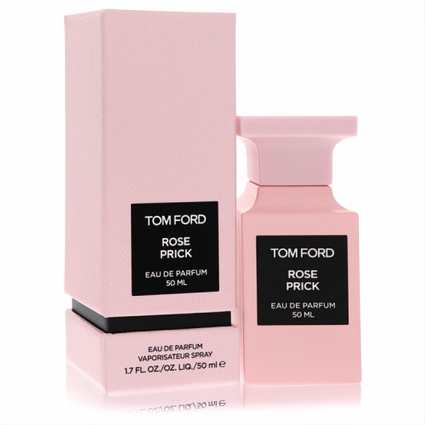 Tom Ford Rose Prick 1.7 oz Eau De Parfum spray. Luxurious blush pink bottle with black label, displayed with its matching box.