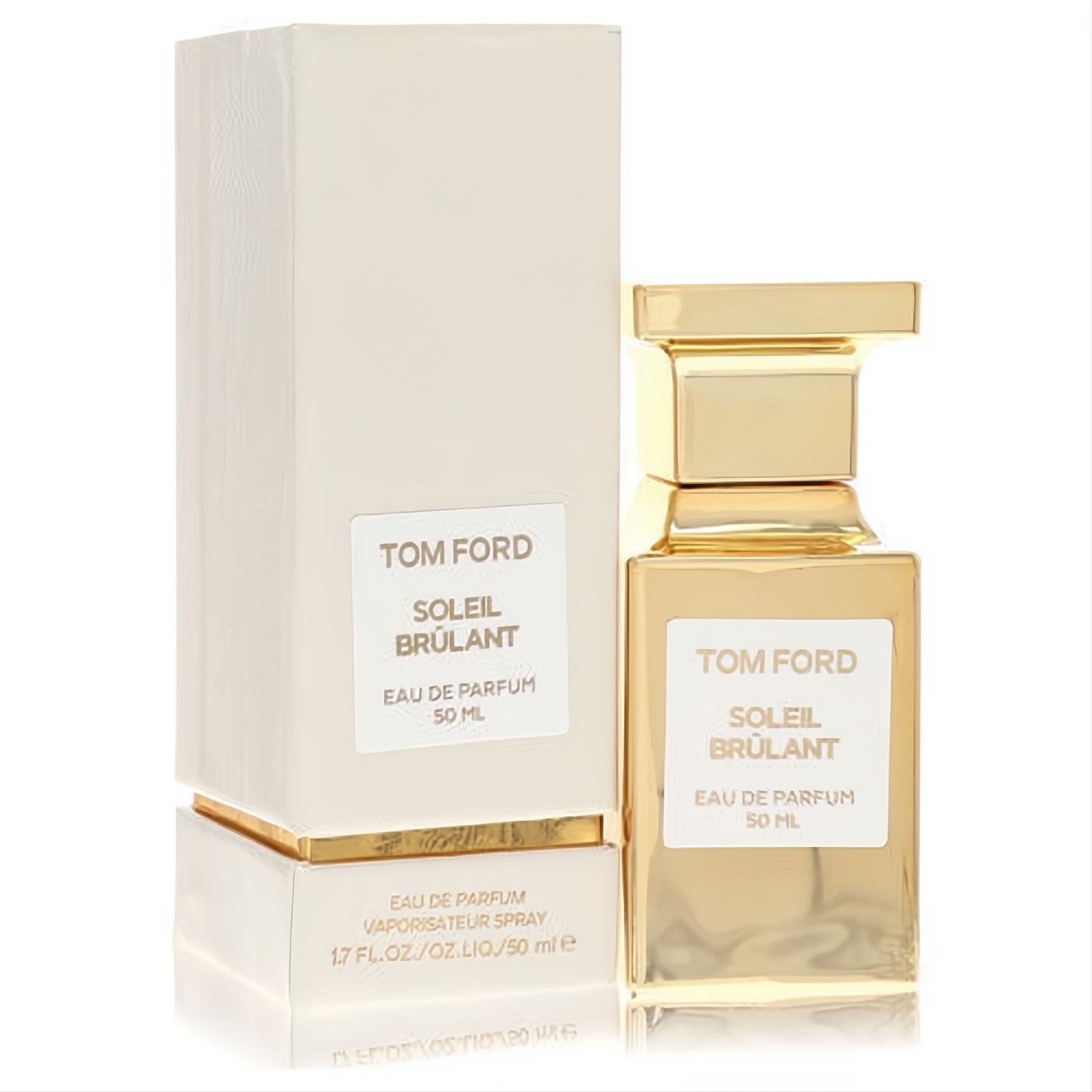 Indulge in Tom Ford Soleil Brulant 1.7 oz unisex Eau de Parfum. Radiant gold bottle, cream label, and elegant matching box.