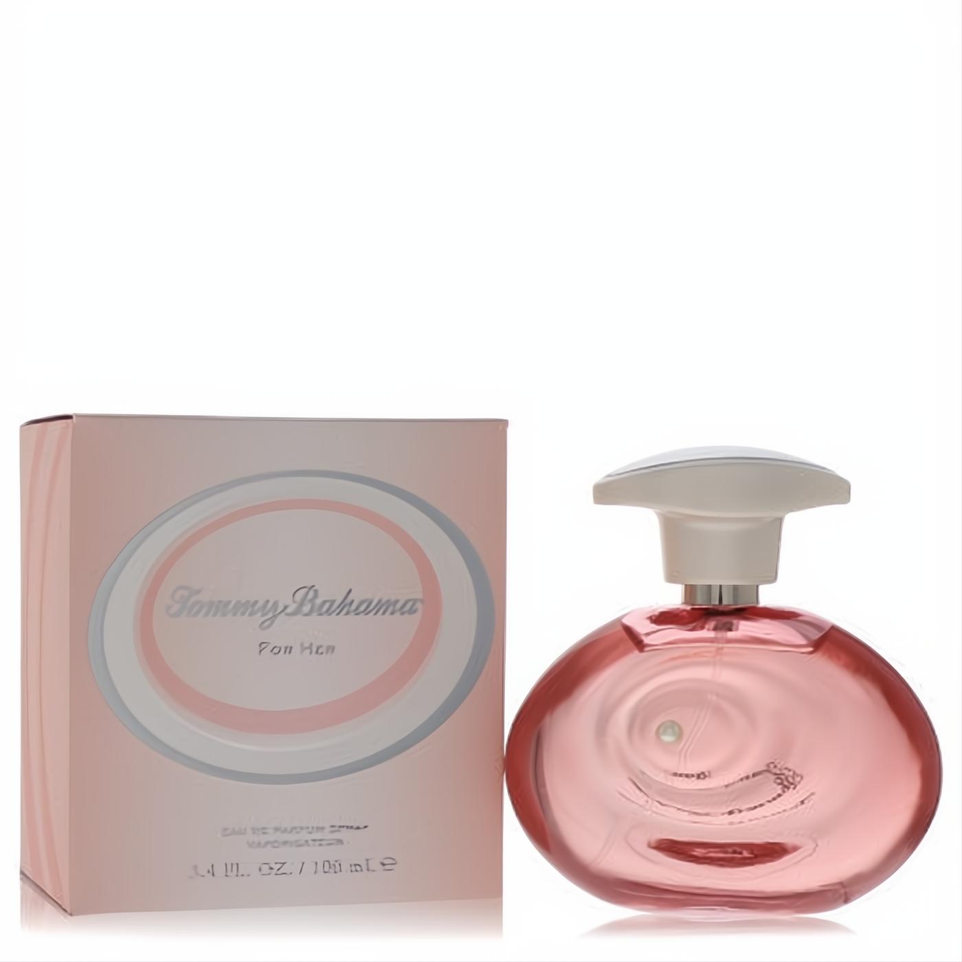 Tommy Bahama For Her 3.4 oz EDP. Elegant round pink glass bottle with white cap, next to its matching soft pink box.