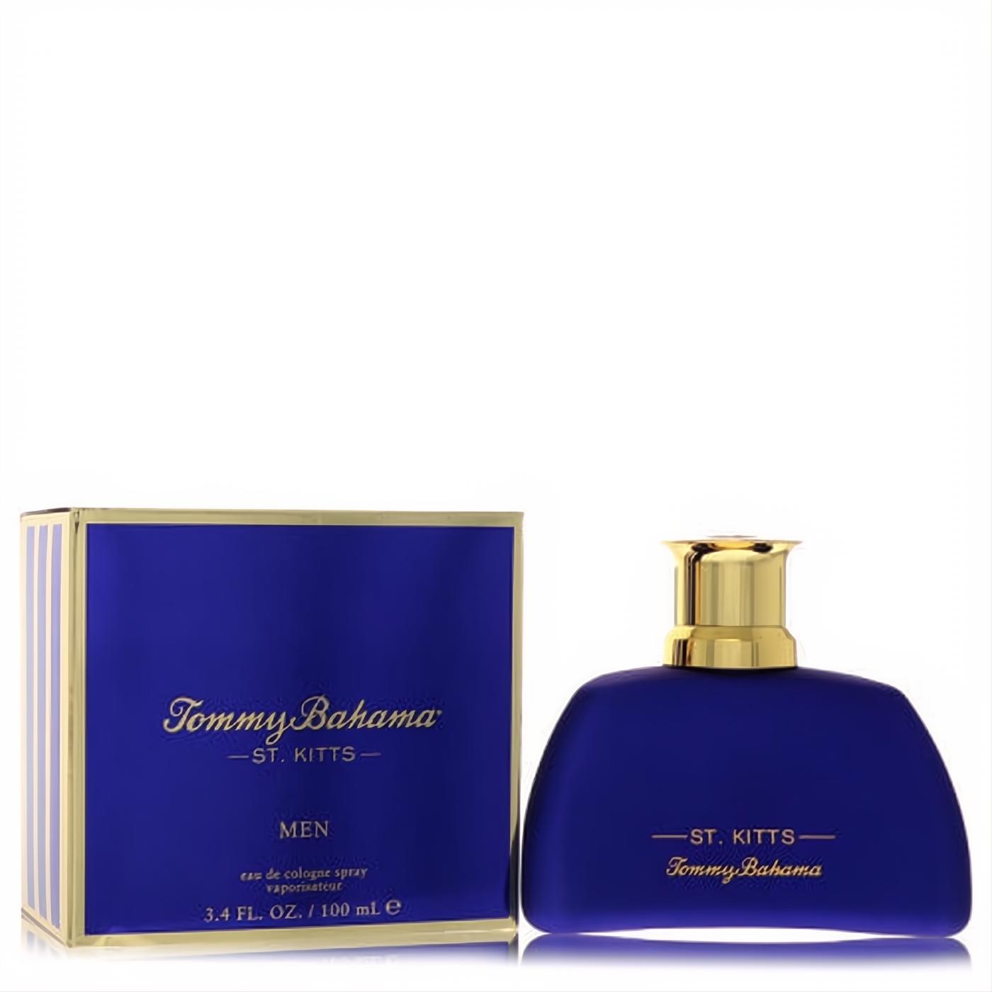 Tommy Bahama St. Kitts men's cologne: a sleek 3.4 oz deep blue bottle with a gleaming gold cap, alongside its elegant striped box.