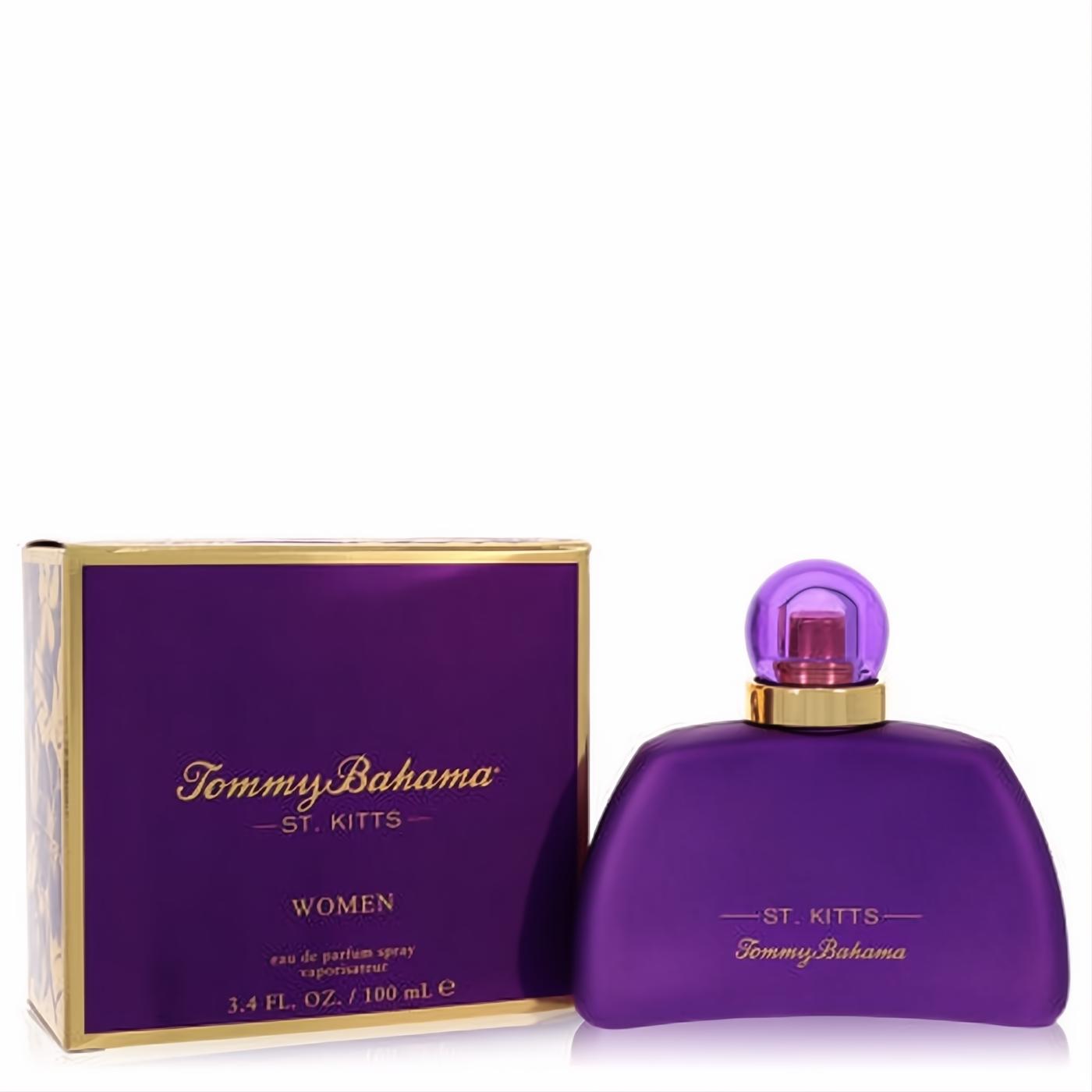 Luxurious Tommy Bahama St. Kitts Women's EDP 3.4 oz. Sleek matte purple bottle with gold accents and matching box.