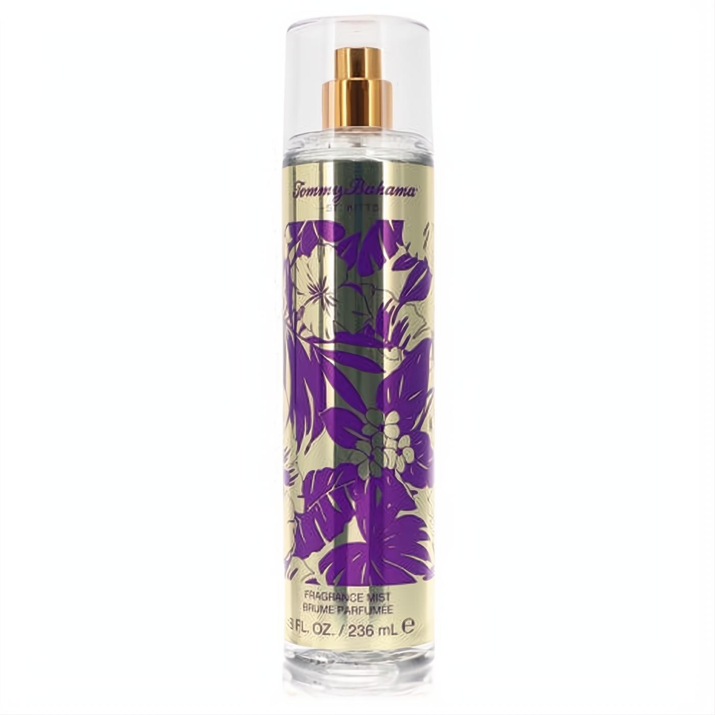 Tommy Bahama St. Kitts 8 oz women's fragrance mist. Elegant clear bottle with a vibrant gold and purple tropical floral design.
