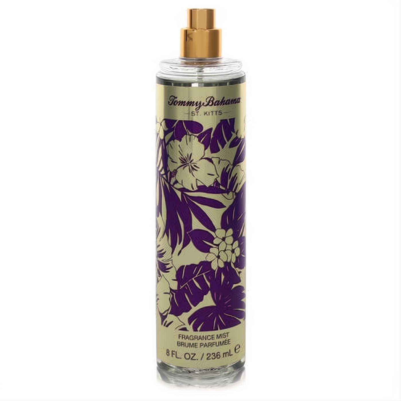 Tommy Bahama St. Kitts 8 oz fragrance mist tester. Clear bottle, gold cap, vibrant purple tropical floral label.