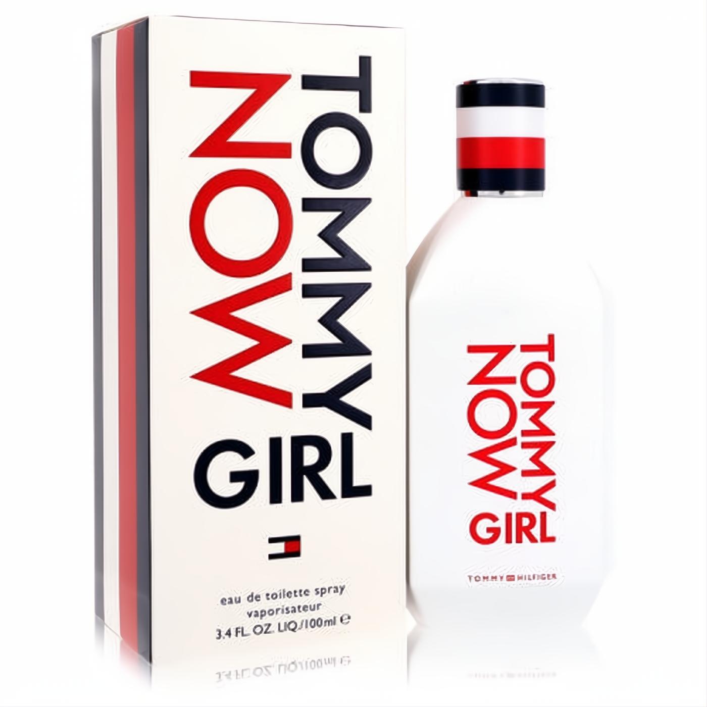 Modern white Tommy Girl Now 3.4 oz Eau De Toilette spray bottle with iconic red, white, and blue striped cap, beside its matching box.