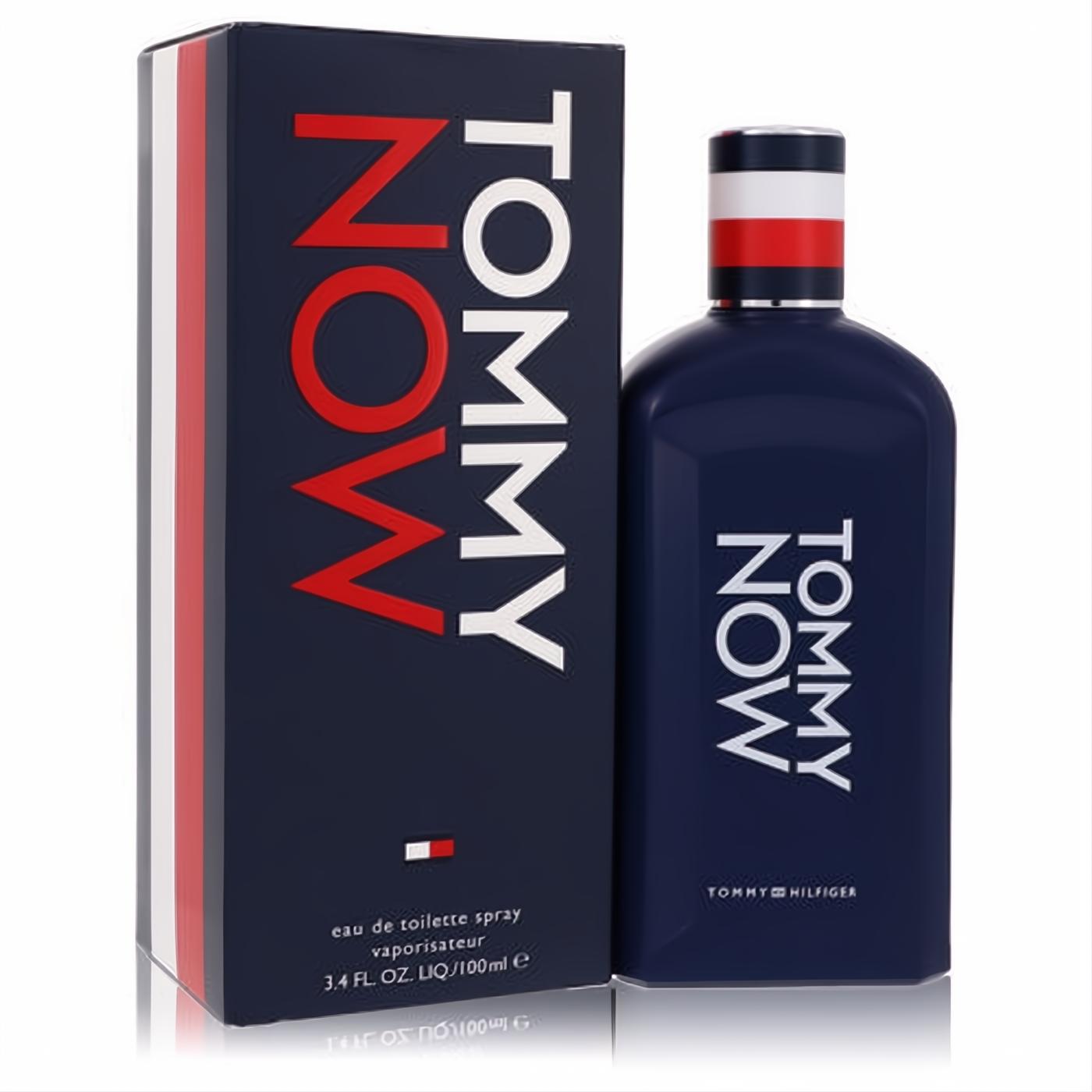 Tommy Hilfiger Now 3.4 oz men's Eau De Toilette. Sleek navy bottle with vertical 'TOMMY NOW' text and striped cap, beside its matching box.