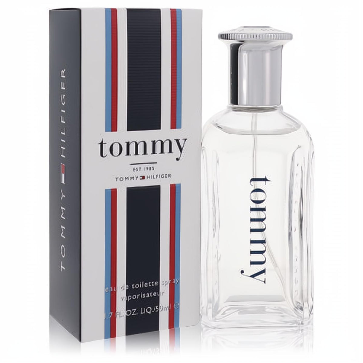 Tommy Hilfiger Tommy 1.7 oz men's EDT. Sleek clear bottle, silver cap, and iconic red, white, blue striped box.