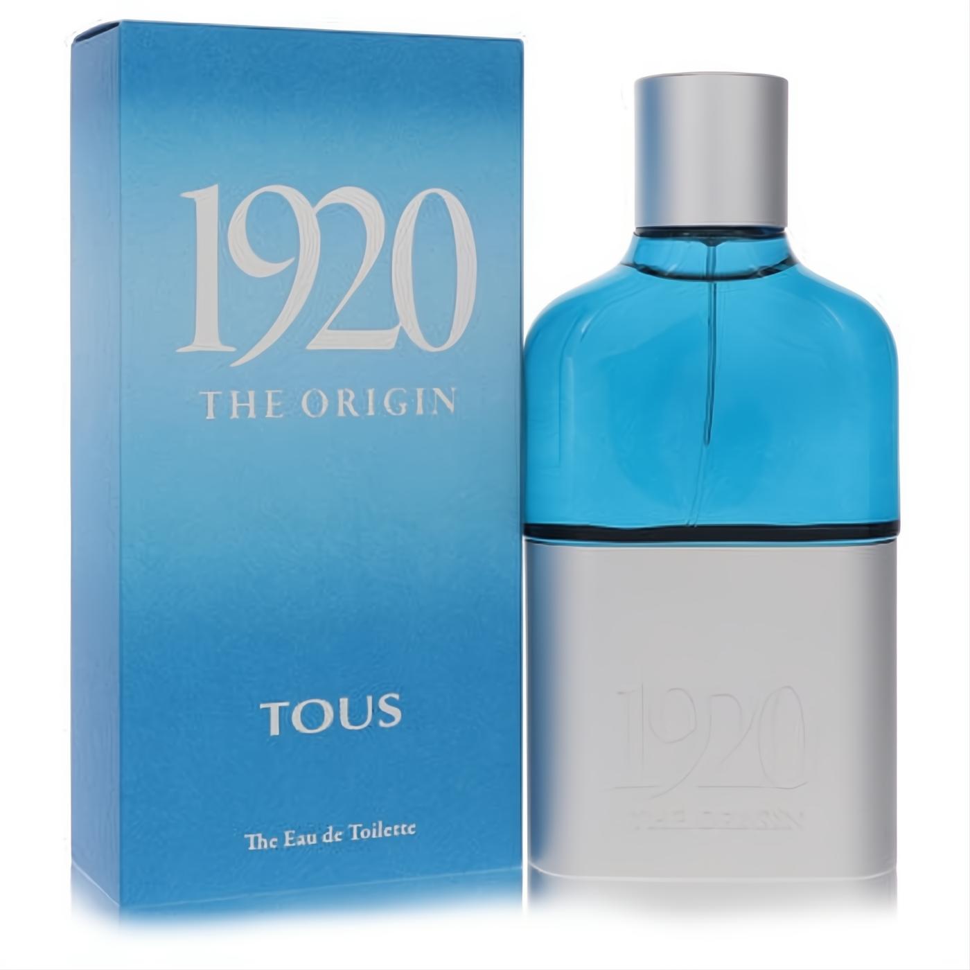 Tous 1920 The Origin men's 3.4 oz EDT. Distinctive two-tone blue and frosted silver bottle with elegant silver cap and matching blue box.
