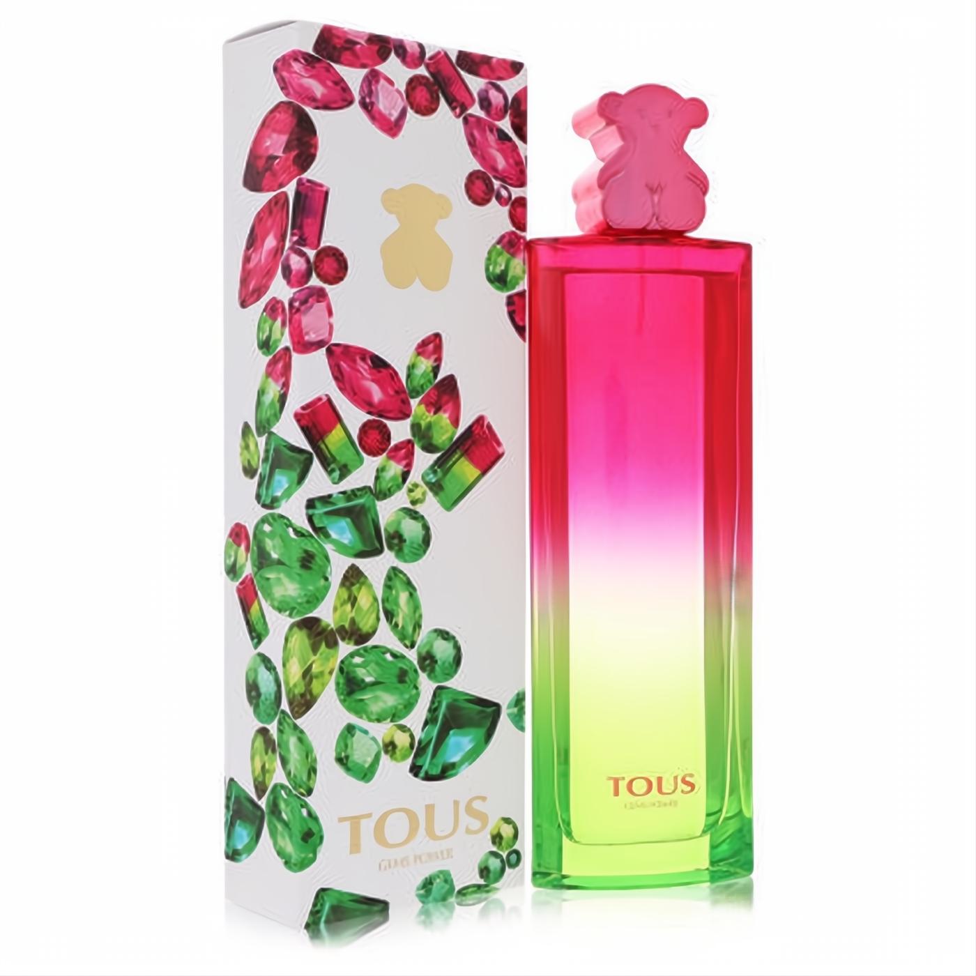Tous Gems Power 3 oz EDT bottle with vibrant pink-to-green ombre glass and a pink bear cap, beside its sparkling gem-patterned white box.