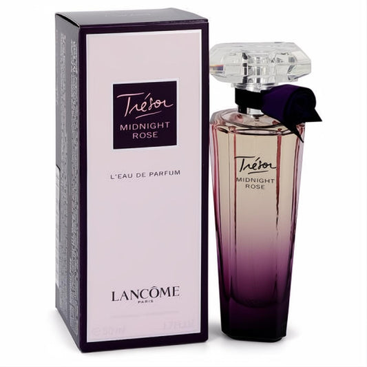 Lancome Tresor Midnight Rose 1.7 oz EDP. Elegant ombre purple glass bottle, sparkling faceted cap, and dark rose ribbon.