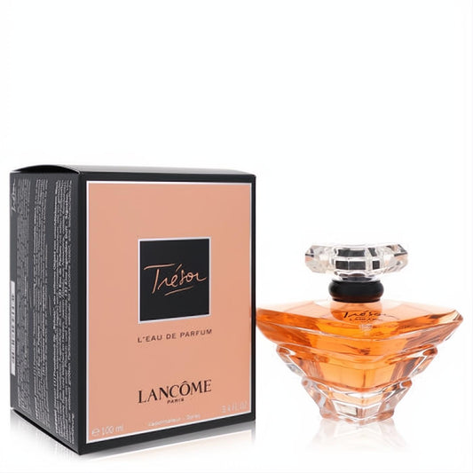 Tresor by Lancome 3.4 oz EDP: radiant amber fragrance in a unique faceted glass bottle with diamond-cut cap and chic peach box.