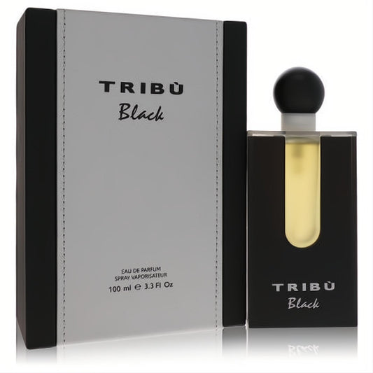 Sleek Tribu Black by Benetton men's Eau De Parfum, 3.3 oz. Bold black bottle and matching box for a sophisticated fragrance.