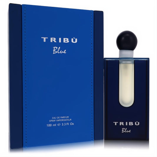 Tribu Blue by Benetton 3.3 oz men's Eau De Parfum in a sleek dark blue glass bottle with a vibrant matching box.
