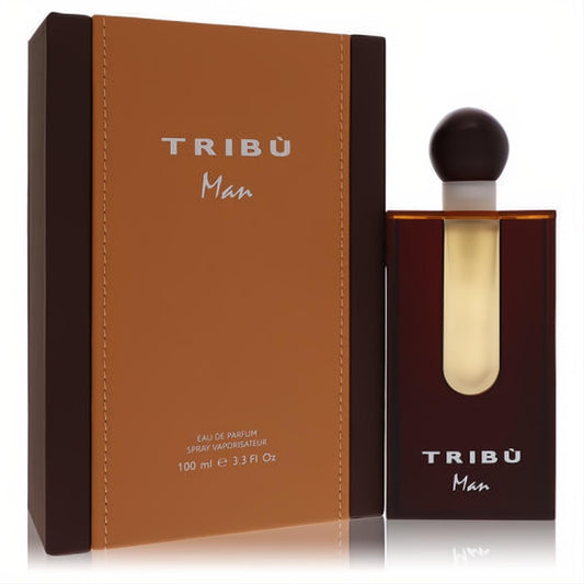 Tribu Man by Benetton 3.3 oz Eau De Parfum. Dark brown bottle with spherical cap, paired with a sophisticated caramel and dark brown box.