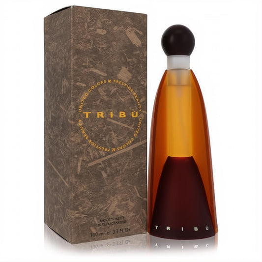 Elegant Tribu by Benetton 3.4 oz EDT spray in a distinctive amber tapered bottle with a black cap, displayed beside its textured brown box.