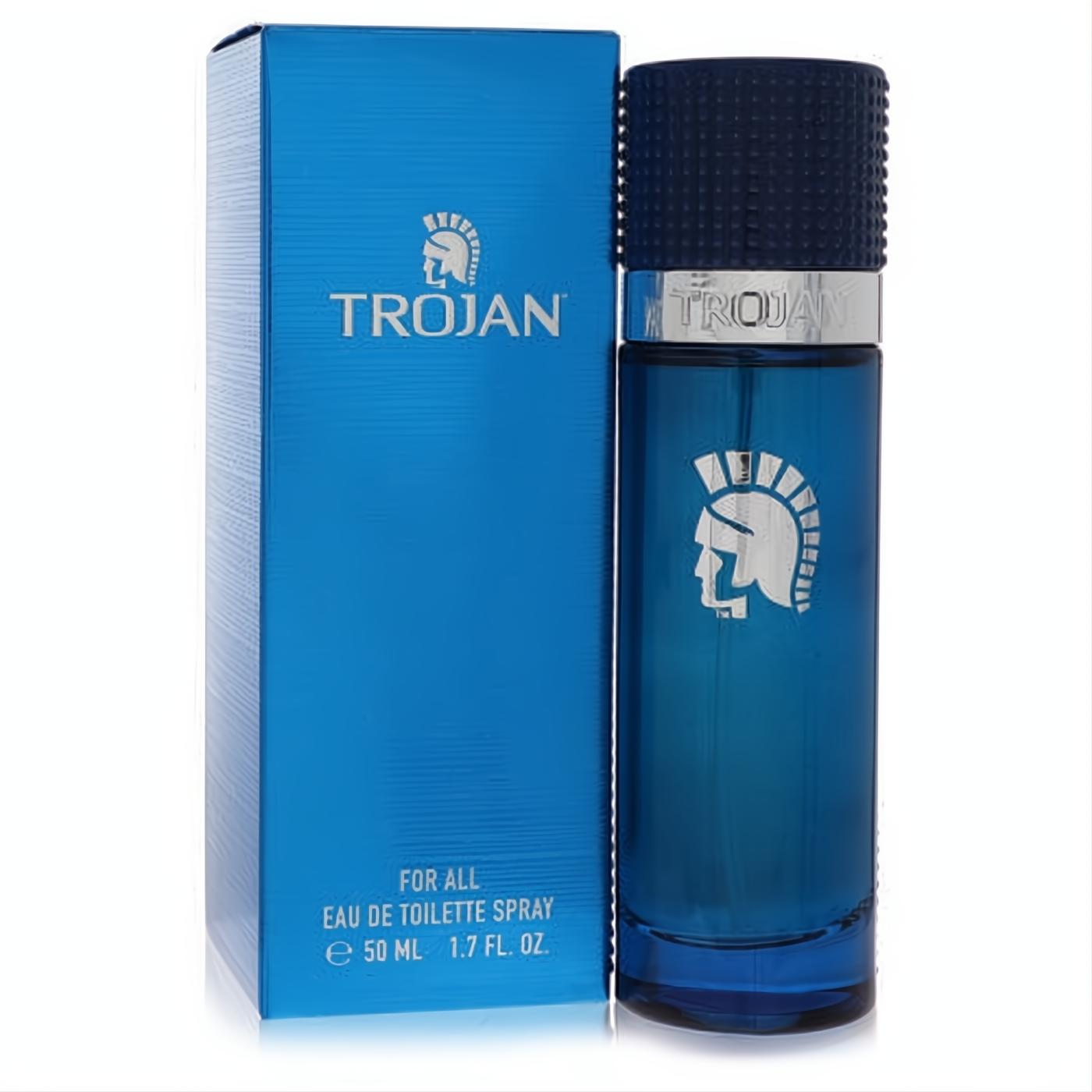 Vibrant blue Trojan For All 1.7 oz unisex Eau De Toilette spray bottle, featuring a silver Spartan helmet logo and textured cap, next to its sleek box.