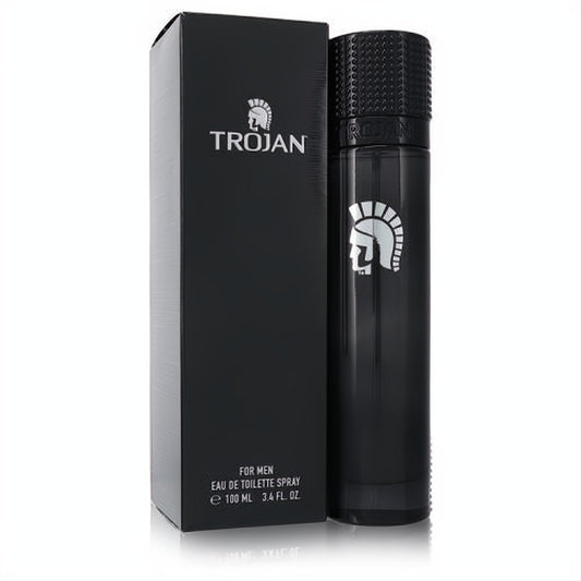 Powerful Trojan for Men 3.4 oz Eau De Toilette. Sleek matte black bottle and box with iconic silver Spartan helmet logo.