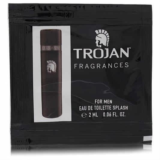 Trojan for Men .06 oz cologne sample. Sleek black foil packet with iconic Trojan logo, showcasing a dark vial of this premium men's fragrance.