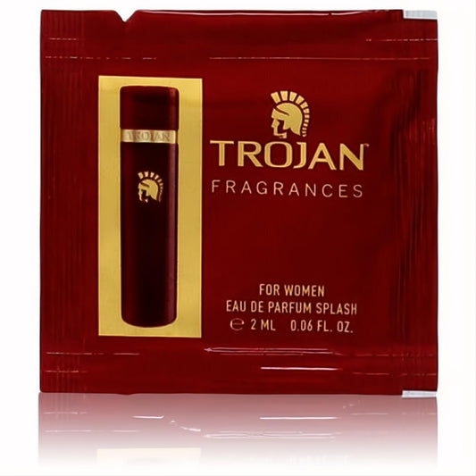 Experience Trojan for Women with this dark red 0.06 oz fragrance sample sachet, featuring a gold logo and elegant vial.