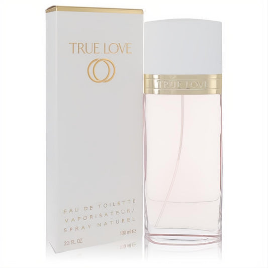 True Love Elizabeth Arden 3.3 oz EDT. Clear glass bottle with pink fragrance, white cap, gold band, and elegant white box.