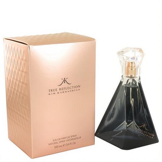 Kim Kardashian True Reflection 3.4 oz EDP. Elegant dark triangular bottle with faceted crystal cap and luxurious rose gold embossed box.