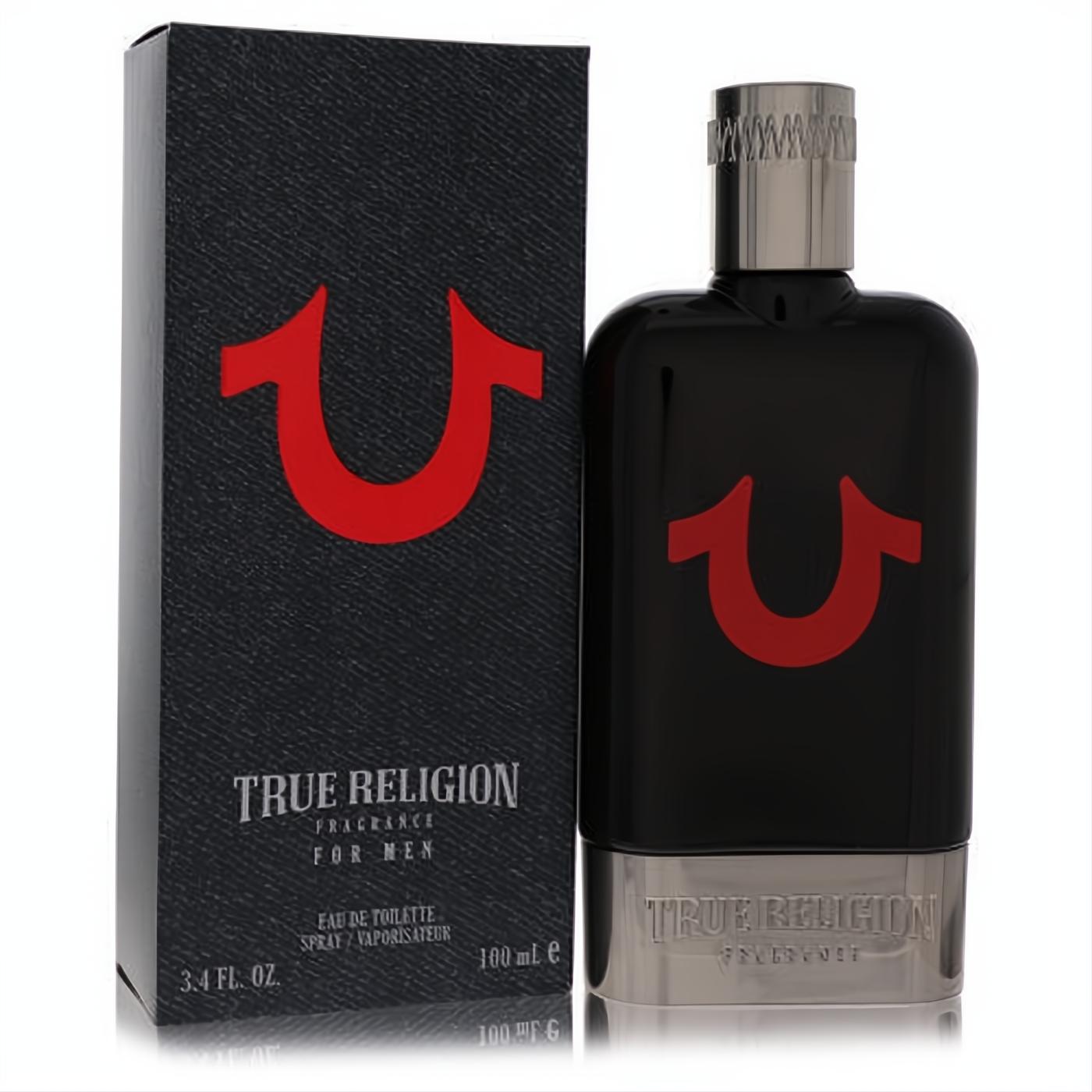 True Religion Black 3.4 oz EDT for men. Bold black bottle, iconic red horseshoe logo, sleek silver cap & base.