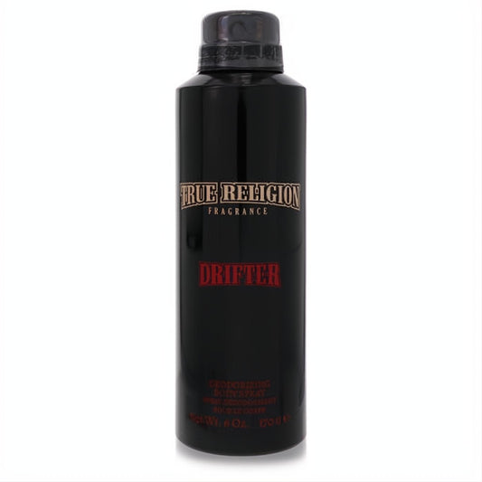 Bold True Religion Drifter 6 oz men's deodorizing body spray. Sleek black can with signature red and gold branding.