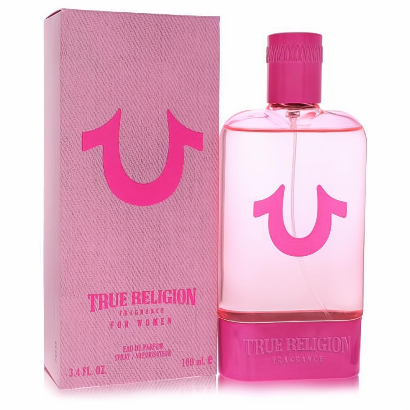 True Religion Pink 3.4 oz EDP. Vibrant pink glass bottle with iconic horseshoe logo, bright cap, and matching textured box.
