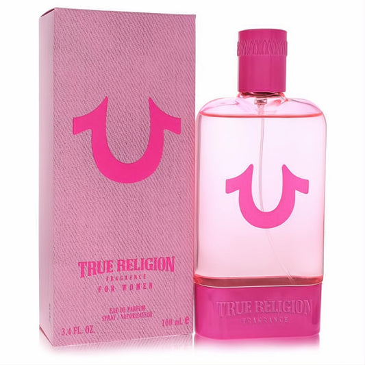 True Religion Pink 3.4 oz EDP. Vibrant pink glass bottle with iconic horseshoe logo, bright cap, and matching textured box.