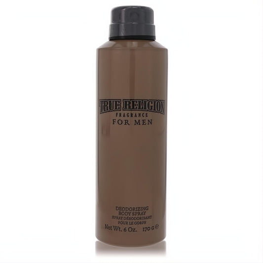 True Religion men's 6 oz brown deodorizing body spray. Sleek bottle with black cap and bold logo for lasting freshness.