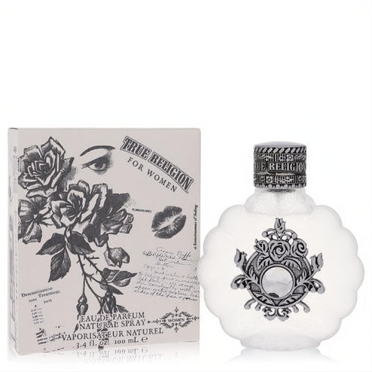 True Religion 3.4 oz women's perfume. Elegant white frosted bottle with ornate silver crest and a distinctive rose-illustrated box.