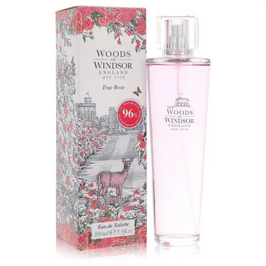 Woods of Windsor True Rose 3.3 oz EDT. Captivating pink fragrance in a clear glass bottle, paired with an elegant rose floral box.
