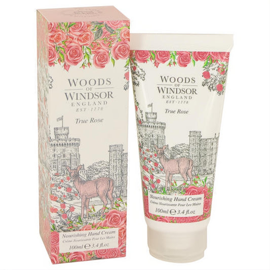 Woods of Windsor True Rose 3.4 oz nourishing hand cream, elegantly designed with pink roses, a castle, and deer.