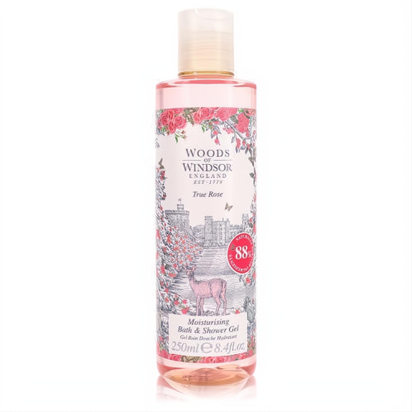 Indulge with Woods of Windsor True Rose Shower Gel, 8.4 oz. Elegant pink liquid in a clear bottle with a charming rose and castle design.