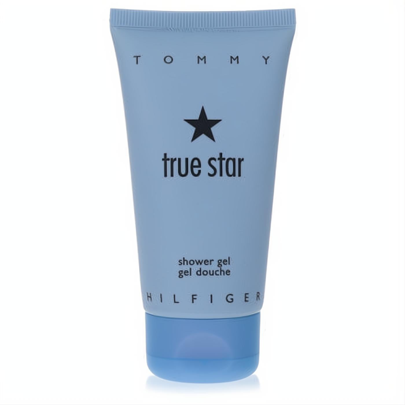 Tommy Hilfiger True Star 2.5 oz alluring shower gel in a vibrant sky blue tube with a striking black star logo.