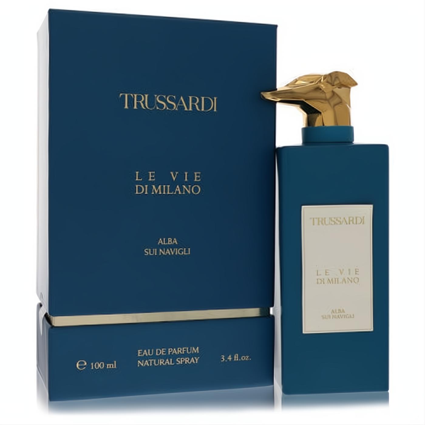 Elegant Trussardi Alba Sui Navigli unisex Eau De Parfum, 3.4 oz, in a sleek blue bottle with iconic gold greyhound cap.