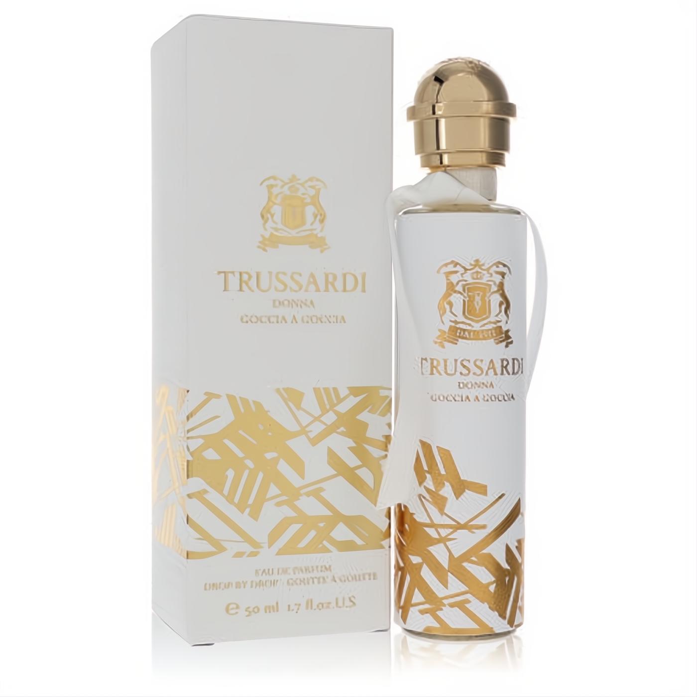 Luxurious Trussardi Donna Goccia A Goccia 1.7 oz EDP spray. Elegant white bottle with a gold cap and striking abstract gold design.