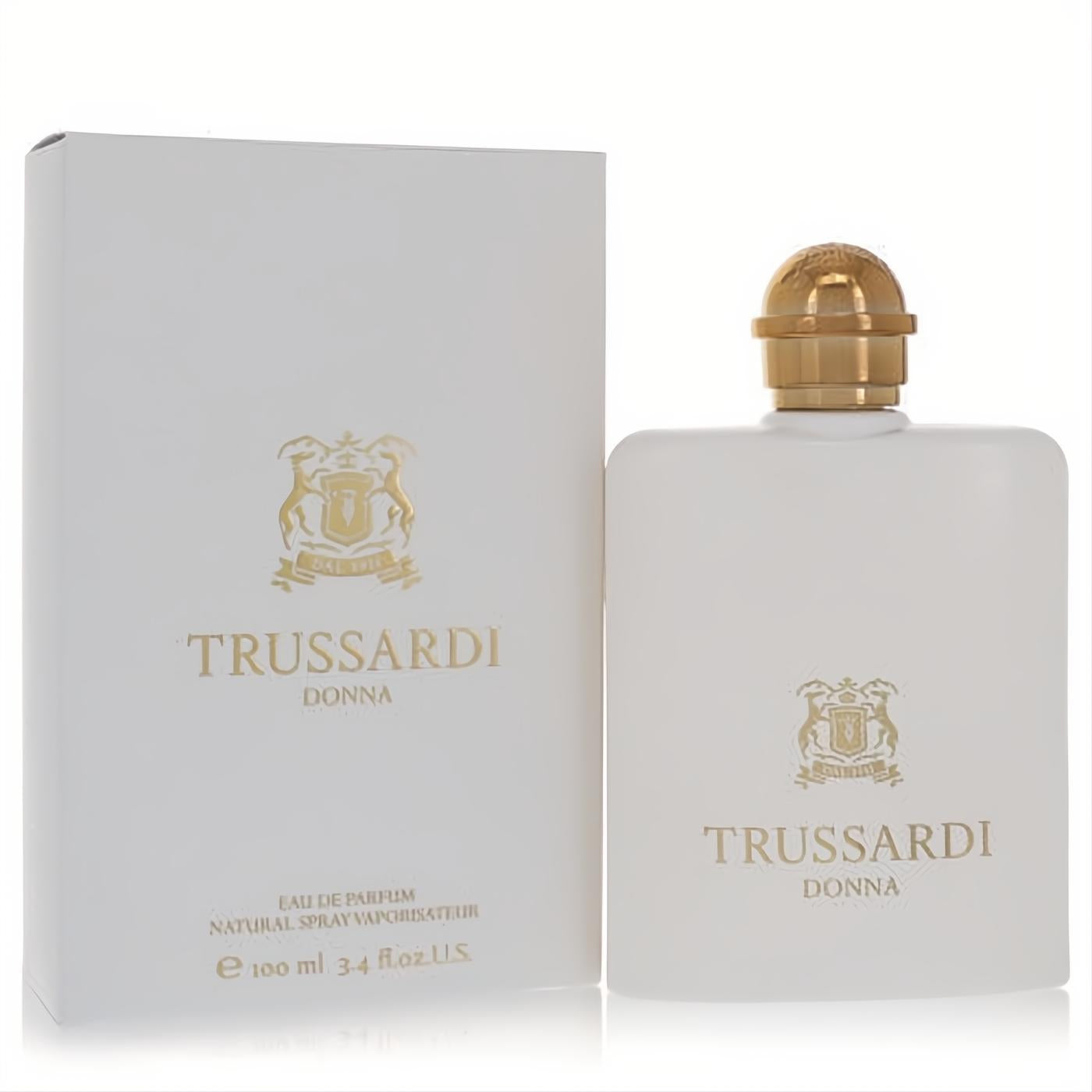 Trussardi Donna 3.4 oz EDP: sleek white bottle, textured gold cap, and elegant white packaging.