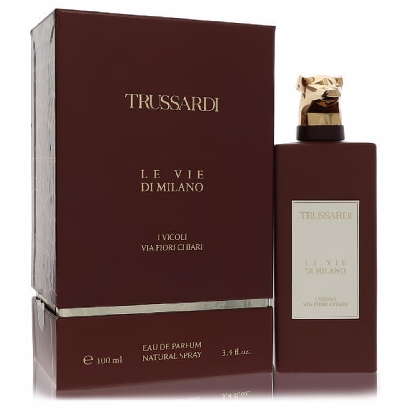 Experience Trussardi I Vicoli Via Fiori Chiari 3.4 oz unisex EDP. Sophisticated burgundy bottle, gold cap, and matching Le Vie Di Milano box.