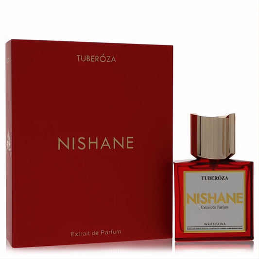 Luxurious Nishane Tuberoza Extrait de Parfum in a vibrant red box and elegant rectangular glass bottle with a gleaming gold cap.