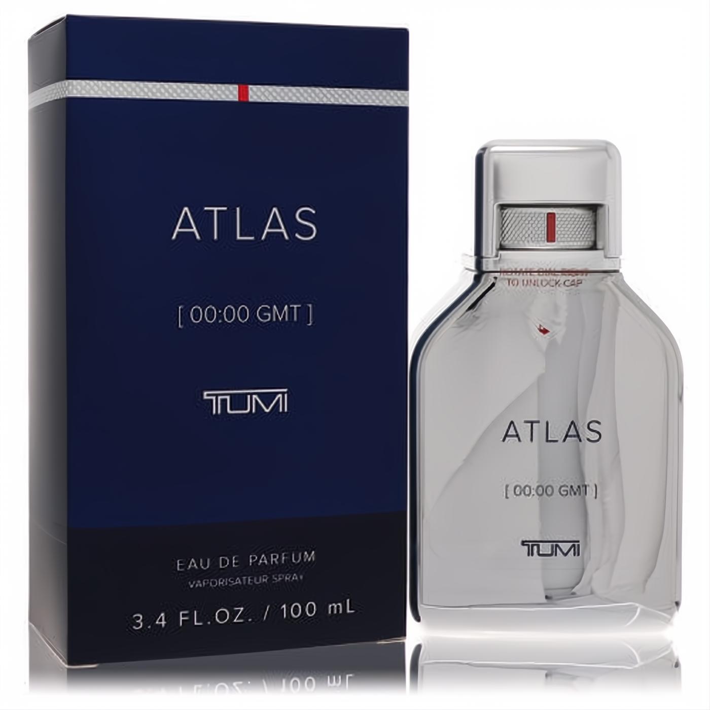 Tumi Atlas Eau De Parfum 3.4 oz for men. Sleek silver metallic bottle with a distinctive red accent cap and elegant dark blue box.