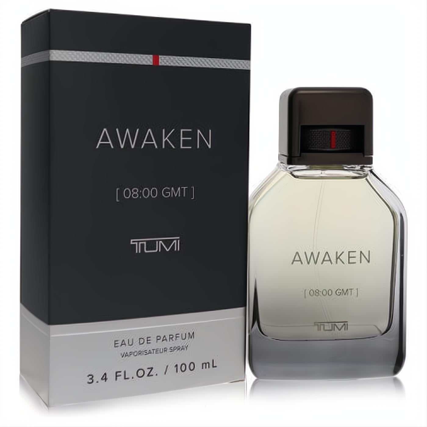 Elevate your scent with Tumi Awaken 3.4 oz EDP. Sleek clear bottle, dark cap with red accent, and modern black box.