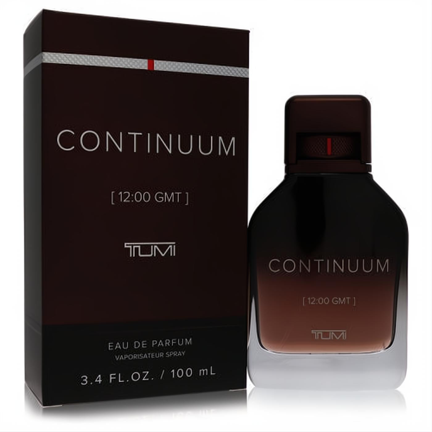Experience Tumi Continuum 3.4 oz men's Eau De Parfum. Elegant dark brown bottle with clear base and sophisticated matching packaging.