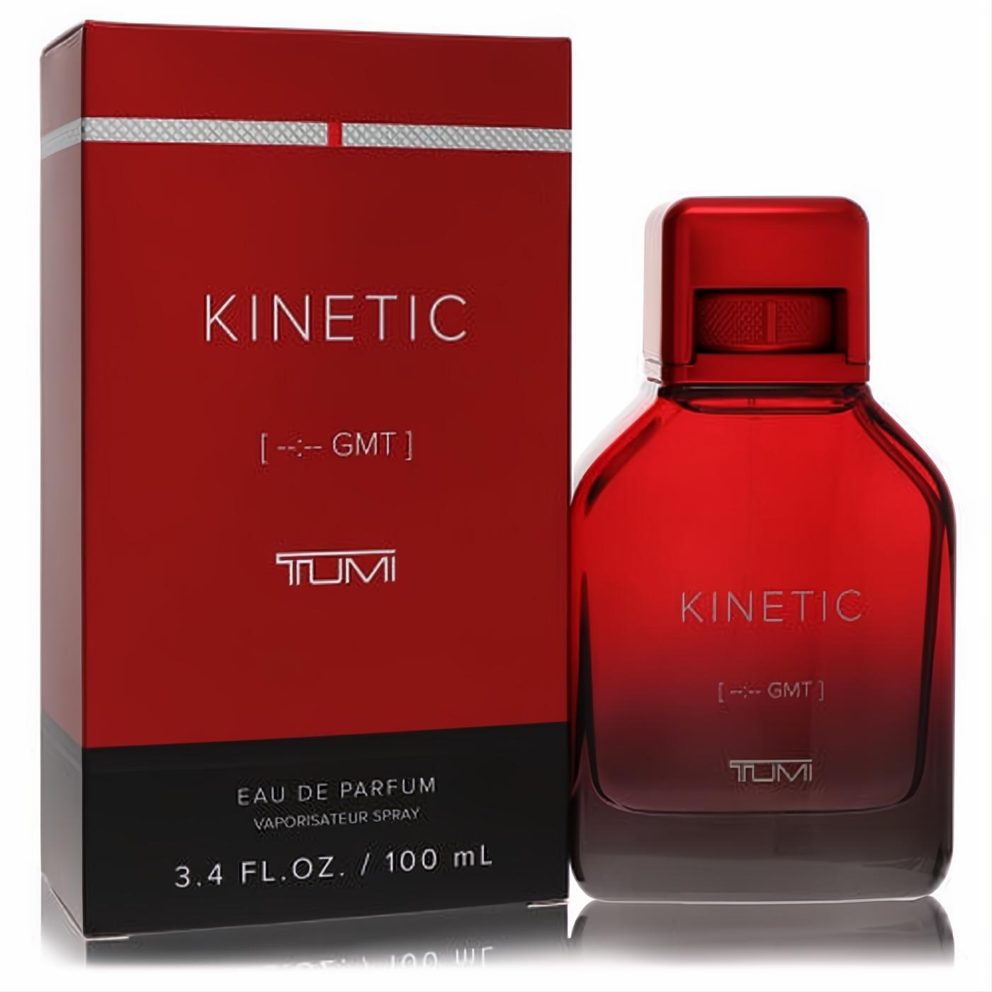 Bold red Tumi Kinetic Eau De Parfum 3.4 oz spray bottle and sleek matching box. A modern, captivating men's fragrance.