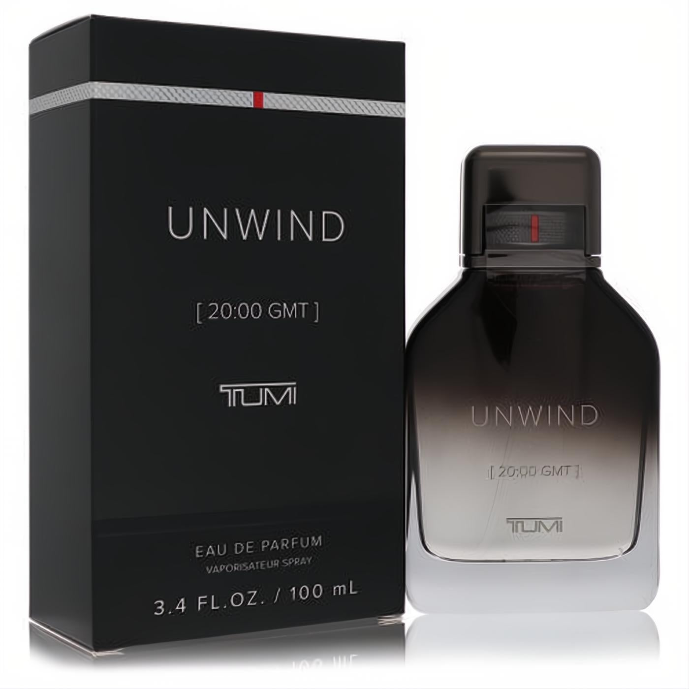 Tumi Unwind Eau De Parfum 3.4 oz for men. Sophisticated black and clear glass bottle with a sleek design and matching branded box.
