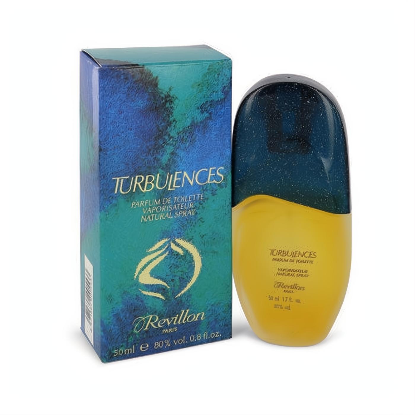 Revillon Turbulences 50ml perfume. Classic two-tone bottle with dark blue top, golden liquid, and vibrant teal box.