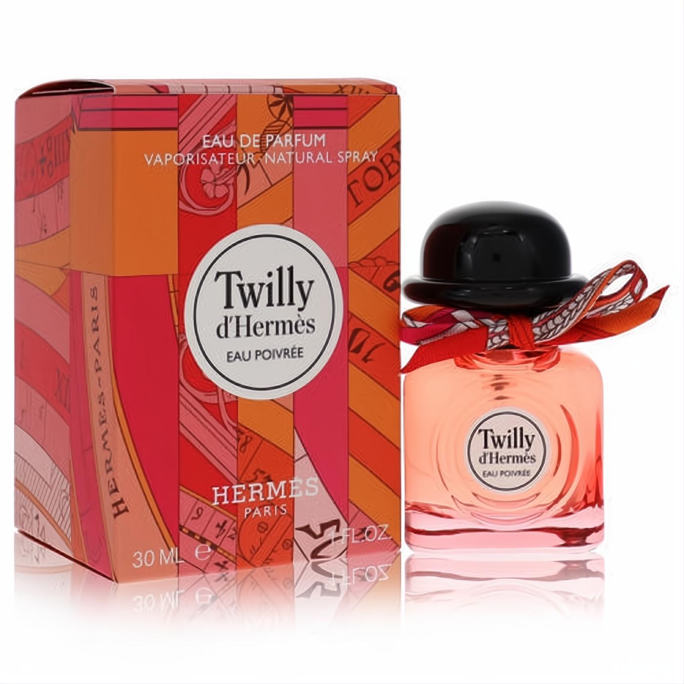 Twilly d'Hermès Eau Poivrée 30ml women's EDP. Elegant pink bottle, black hat cap, and signature vibrant silk ribbon with matching box.