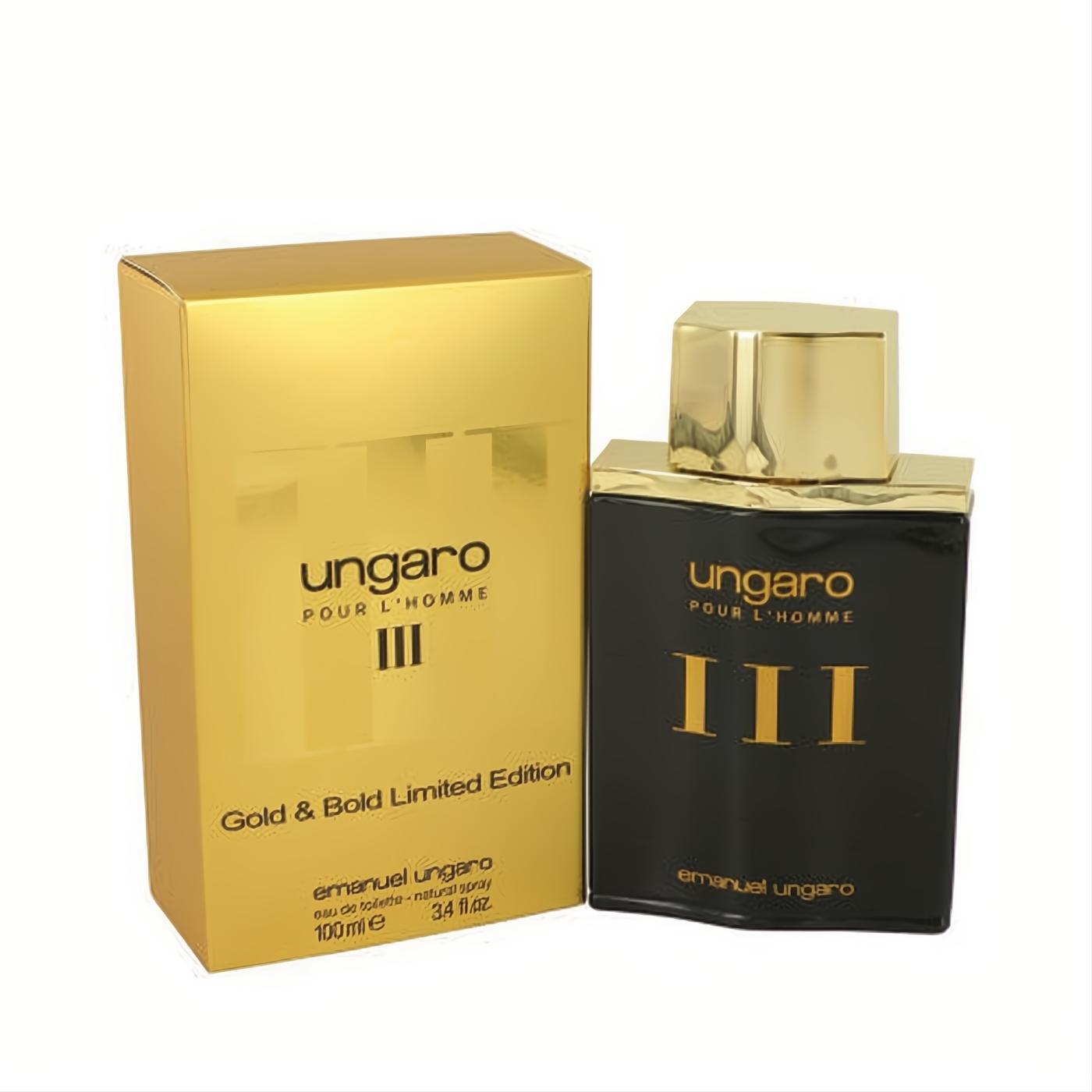 Luxurious Ungaro III Gold & Bold Limited Edition 3.4 oz EDT. Features a sleek black bottle with a gold cap and matching gold box.